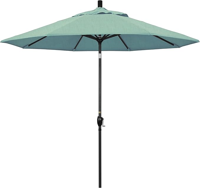 California Umbrella 9' Round Aluminum Market Umbrella, Crank Lift, Push Button Tilt, Black Pole, Sunbrella Spa
