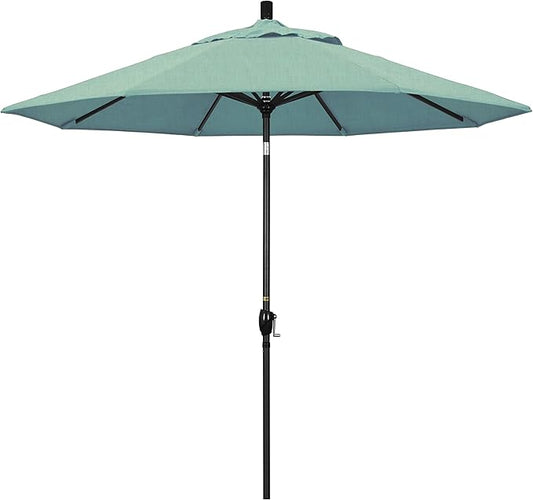 California Umbrella 9' Round Aluminum Market Umbrella, Crank Lift, Push Button Tilt, Black Pole, Sunbrella Spa