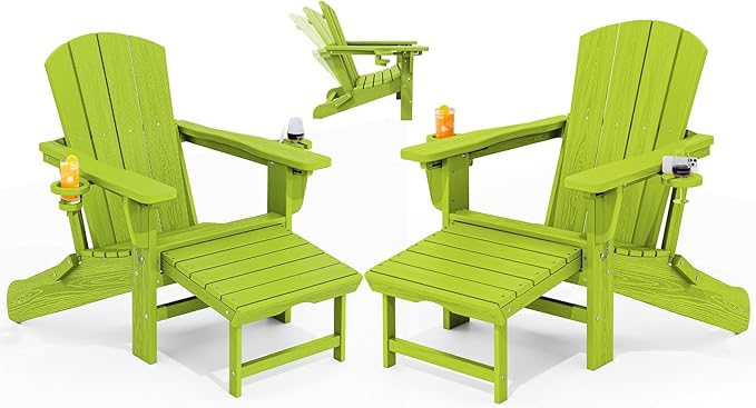 KINGYES Folding Adjustable Adirondack Chair with Ottoman & 2 Cup Holders Set of 2, HDEP Multifunctional Adirondack Chair with Footrest, Apple