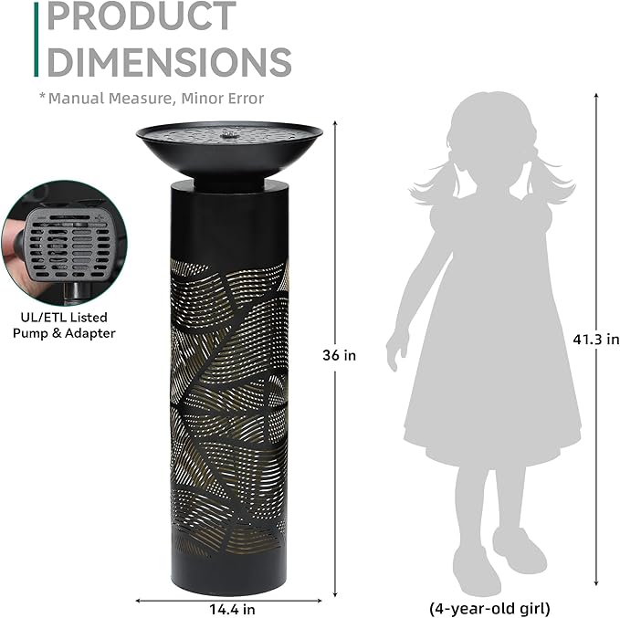 36" Modern Outdoor Fountain with Relaxing Water Flow, Elegant Cutout Metal Water Feature with lighs Casting Intriguing Lights and Shadows, Elevate Any Garden Patio Porch Deck or Home Décor