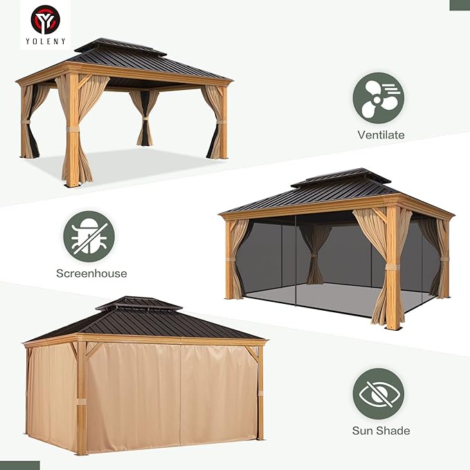 YOLENY 12' x 14' Hardtop Gazebo Wood Grain Aluminum Frame Gazebo, Outdoor Permanent Metal Pavilion with Netting and Curtains for Deck, Backyard, Patio, Lawns