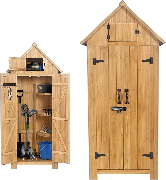 Wooden Outdoor Storage Shed with Double Doors,70” Tall Waterproof Storage Shed with Lock,Sheds & Outdoor Storage with Windproof Tipping for Deck,Backyard Garden and Yard