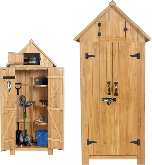 Wooden Outdoor Storage Shed with Double Doors,70” Tall Waterproof Storage Shed with Lock,Sheds & Outdoor Storage with Windproof Tipping for Deck,Backyard Garden and Yard