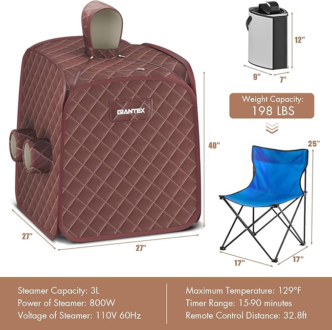 Giantex Portable Folding Sauna, 1 or 2 Person Steam Spa with Remote Control, Folding Chair, Foot Massage Roller, Absorbent Mat, 9 Temperature Levels, 3L Steamer, 800W Home Full Body Spa Tent (Brown)
