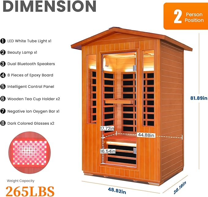 Outdoor Sauna 2 Person Sauna Infrared Saunas Dry Sauna Room Red Cedar and Canadian Fir Wood Wooden Sauna Spa 2080W Red Light Lamp 48.8 * 38.19 * 81.89inch