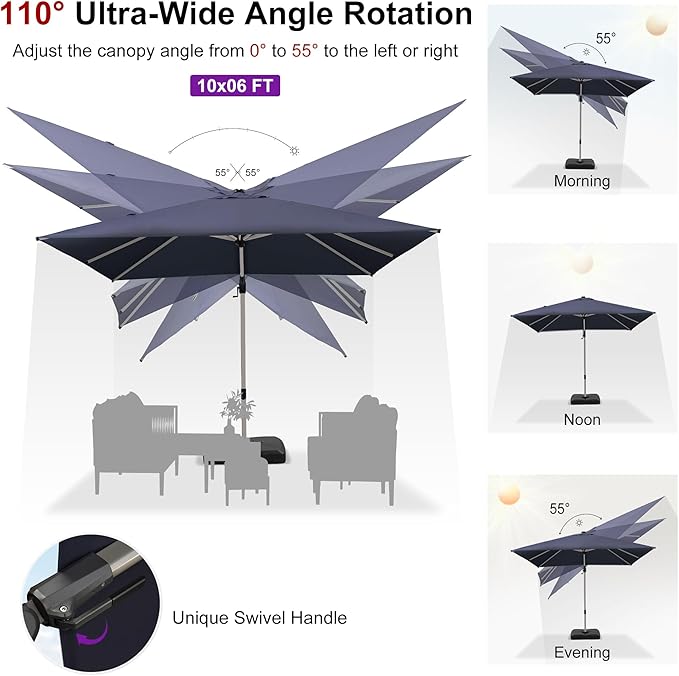 PURPLE LEAF 10' X 6.5' Left-right Tilting Patio Umbrella Outdoor Swivel Cantilever Umbrella Aluminum Offset Umbrella with Champagne Frame and 360-degree Rotation for Garden Deck Pool, Navy Blue