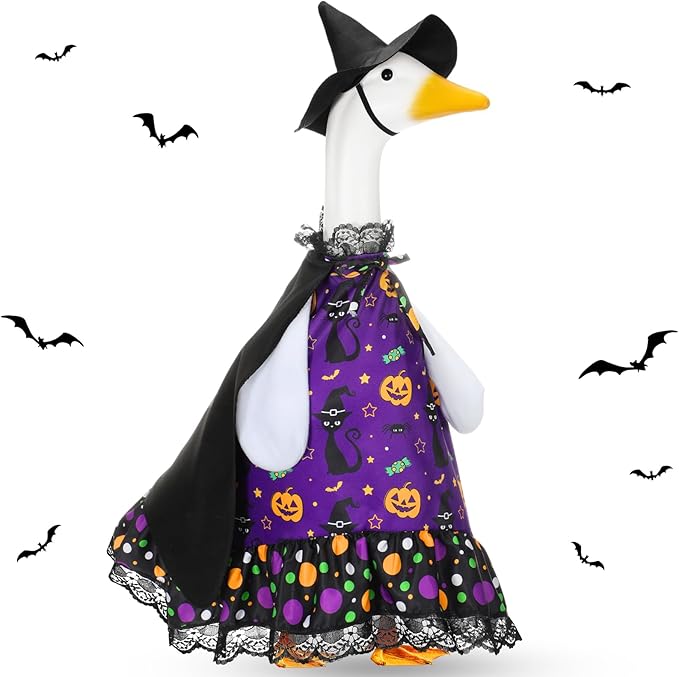 Halloween Porch Goose Outfit Set for 23'' Plastic Lawn Goose Statue Clothes Witch Skirt Halloween Costume for Outdoor Patio Yard Lawn Art Decor