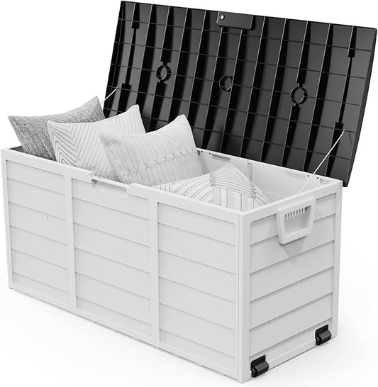 VINGLI 75 Gallon Outdoor Storage Box, Lockable Plastic Storage Containers with Lid, Patio Deck Box Furniture for Garden, Pool, Balcony, Yard (White)