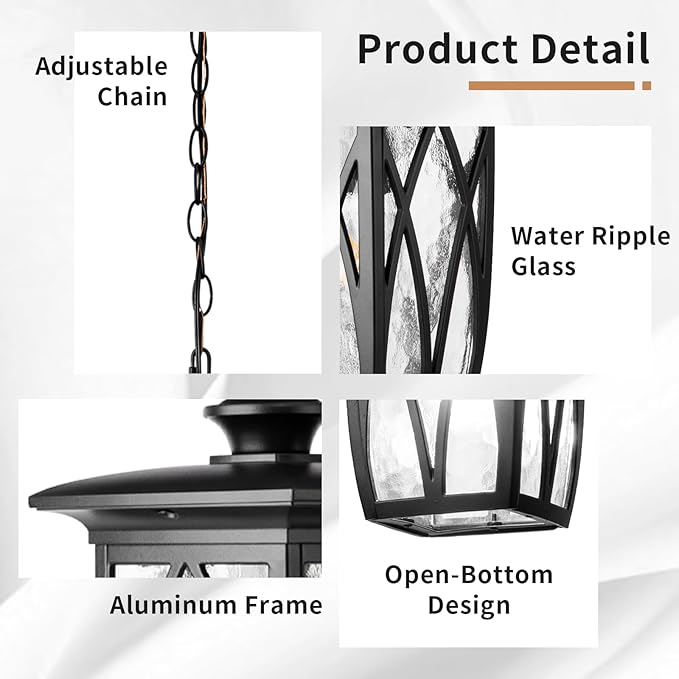 15'' Outdoor Pendant Light Fixture, Exterior Hanging Lantern, Modern Black Metal Outside Chandelier Light Fixture Ceiling Mount with Water Ripple Glass & Adjustable Chain for Porch, Gazebo, Front Door