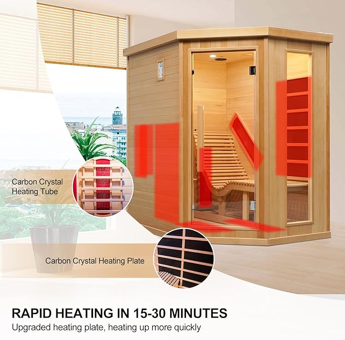 Infrared Sauna Room with Recliner, One Person Infrared Sauna Home, 220V，2300W, 4 Heating Tubes, 4 Carbon Crystal Heating Panel, Bluetooth Speakers, 7 Color Light, Oxygen Bar（Open Door Right ）