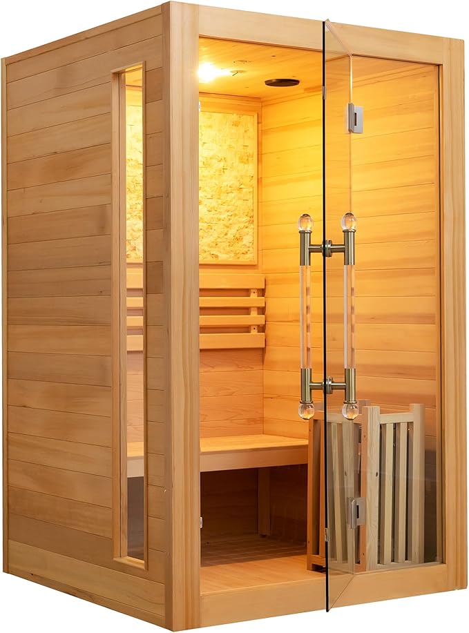 Indoor Steam Sauna 2 Person, Canadian Hemlock Saunas, 6KW Harvia Heater, 220V, Left Door(120-195℉) with Himalayan Salt Panel and LCD Touch Control Panel
