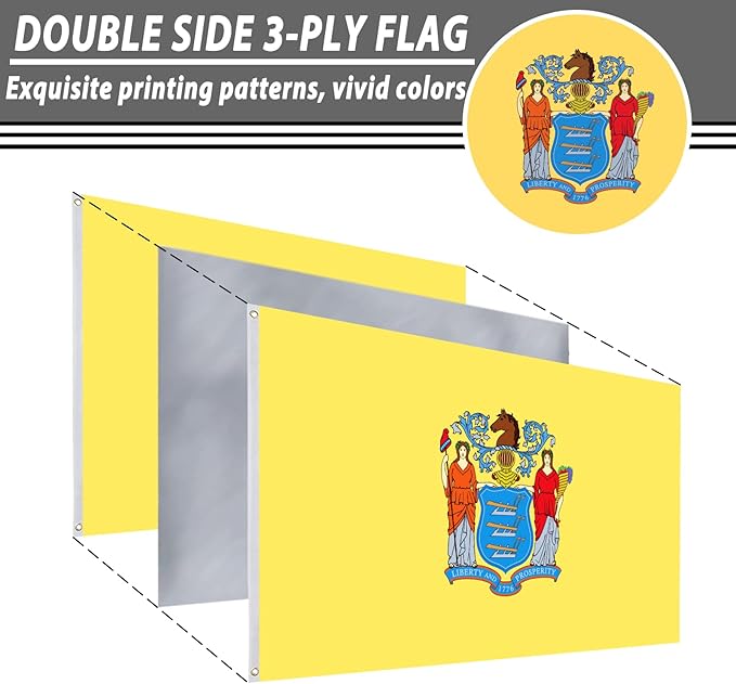 FLAGWIN New Jersey Flag 3x5 FT - 3 Ply Double Sided Polyester Flag with Brass Grommets - Vivid Color and Fade Proof State of New Jersey Flags 3x5 Outdoor
