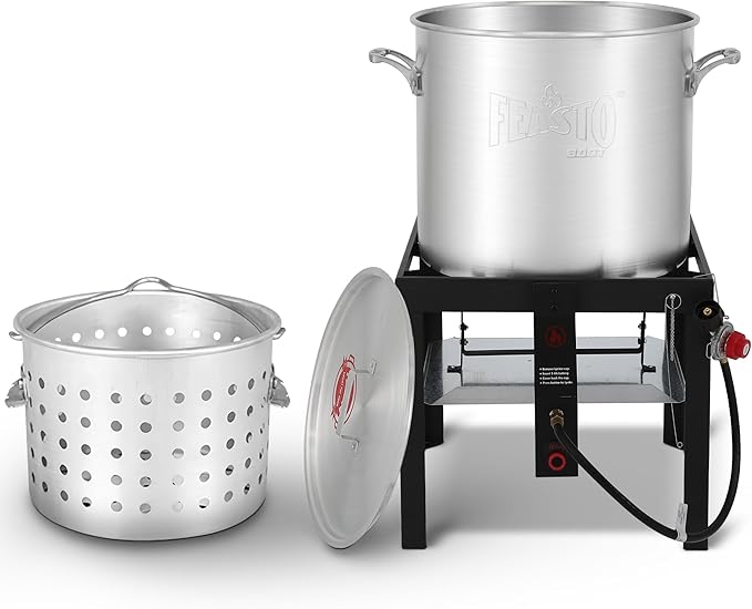 100 QT Seafood Boil Pot Stock Pot and 10,0000 BTU Propane Stove,Aluminum Seafood Boiling Kit with Strainer Basket,Heavy Duty Propane Burner For Outdoor Cooking Seafood Shrimp Crawfish Boiling