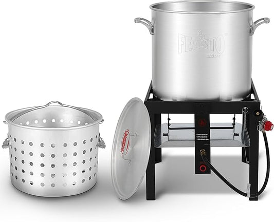 100 QT Seafood Boil Pot Stock Pot and 10,0000 BTU Propane Stove,Aluminum Seafood Boiling Kit with Strainer Basket,Heavy Duty Propane Burner For Outdoor Cooking Seafood Shrimp Crawfish Boiling