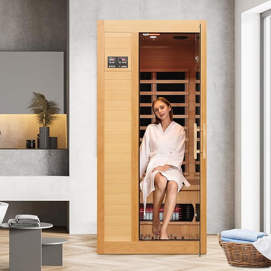 Far Infrared Sauna Home Low EMF, 1-2 Person Home Sauna Hemlock Wood Red Light Sauna with LED Control Panel, Tempered Glass Door, LED Reading Light and Speaker