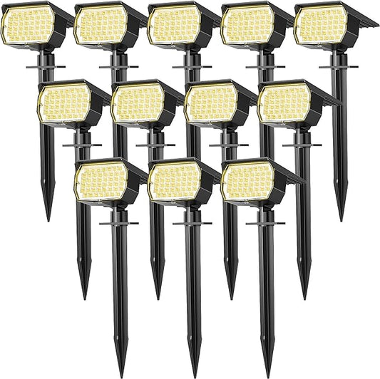 Solar Spot Lights Outdoor Waterproof IP65, 12 Pack Landscape Spotlights with 46 LEDs, 3 Modes Auto On/Off Solar Powered Flood Lights for Outside Pathway, Yard, Garden, Walkway (Warm White)