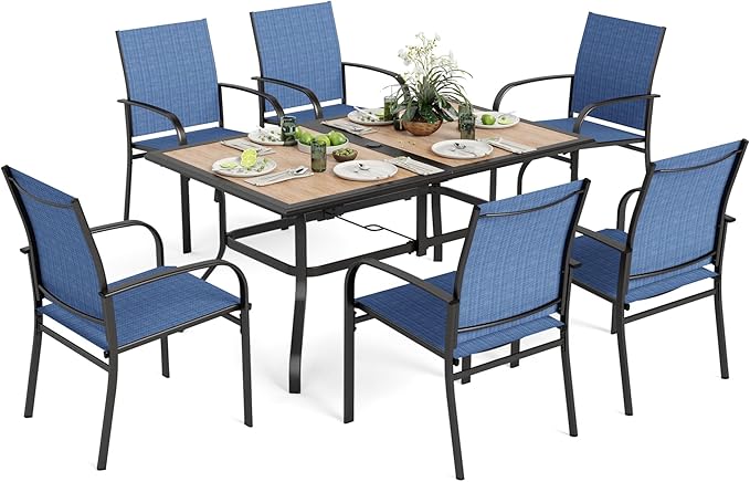 7 Pieces Patio Table and Chairs Set, Outdoor Dining Furniture Set for 6, 6 Blue Textilene Chairs and 61" Wood-Like Table Top with Umbrella Hole, for Deck Backyard Lawn