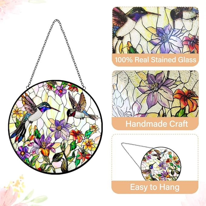 Stained Glass Hummingbird Suncatcher Window Hanging - Handmade Stained Glass Bird Suncatchers for Windows Hanging - Wildflowers Sun Catchers Wall Art Home Garden Decor Panel Gifts for Women Mom Wife