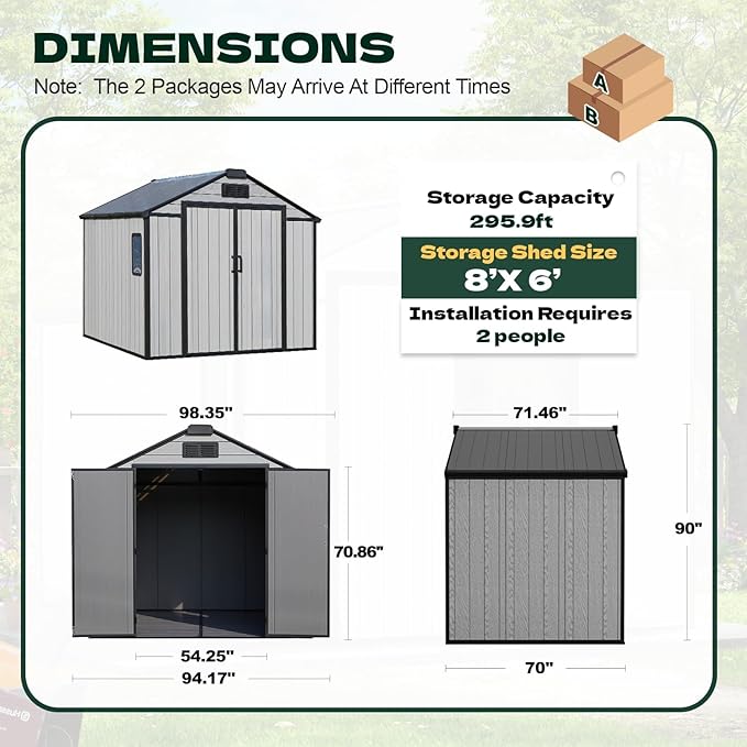 MELLCOM 8 x 6 FT Outdoor Plastic Garden Storage Shed with Floor, Resin Tool Storage Shed with Windows and Lockable Door for Patio, Lawnmower, Pool Supply, Bike