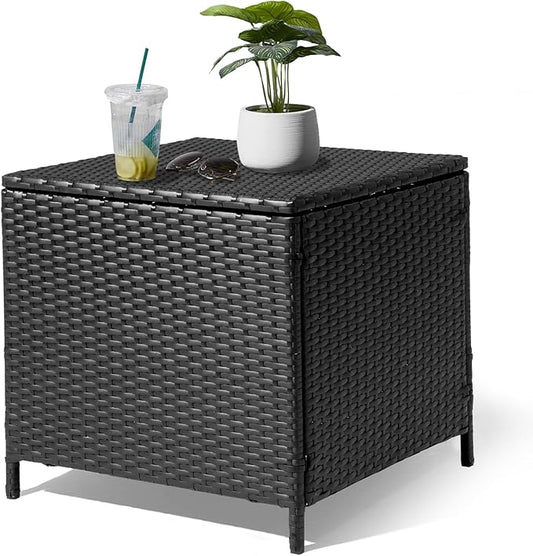 Outvita Outdoor Side Table, Rattan Coffee Table with Storage 27 Gallon Patio Small Deck Storage Box for Cushion Towel Books, Brown Side Table with lid