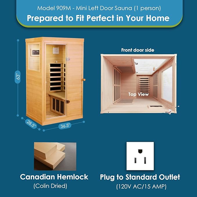Saunas 909Mini Far Infrared Sauna, Indoor Dry Sauna (Hemlock Wood, 1 Person Mini Size Left Door)