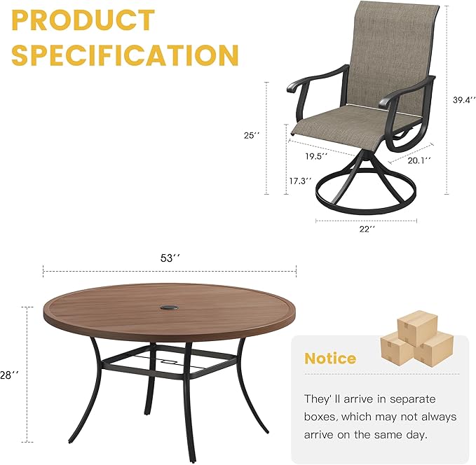 VICLLAX Patio Dining Set for 6, 7 Pieces Outdoor Furniture Includes 53" Round Patio Table with Umbrella Hole and 6 Outdoor Swivel Chairs for Lawn Garden, Walnut Tabletop and Mixed Brown Fabric