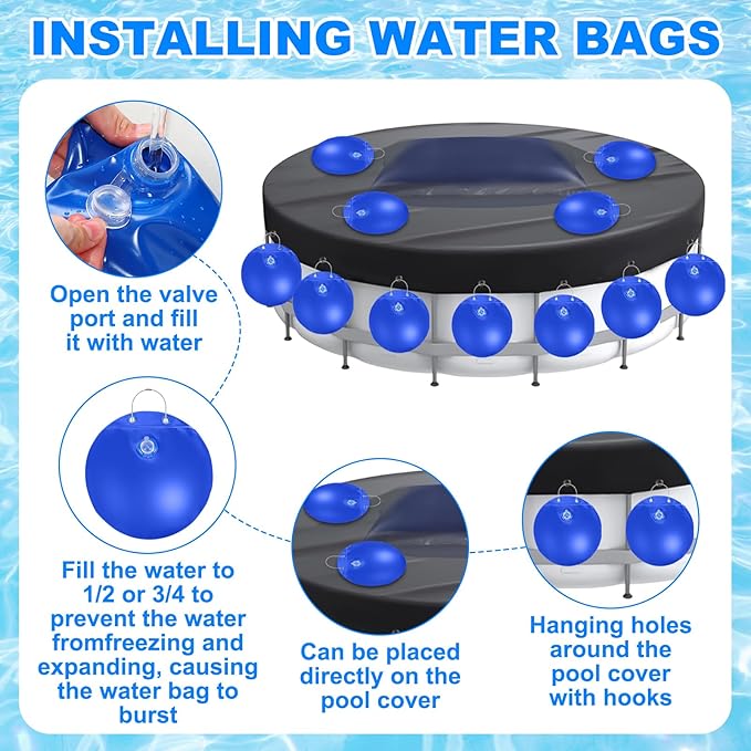 Hungdao 4ft Pool Pillow Cover for Above Ground with 12 Pcs Inflatable Pool Cover Weight with Hook Winter Ice Antifreezing Hanging Bag with Rope and Connection Buckle(Royal Blue,4x8 ft,Rectangle)