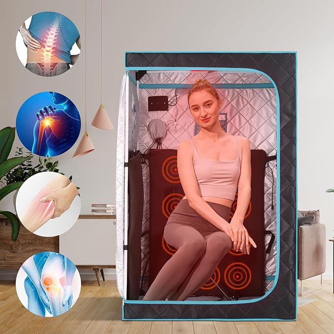 Portable Full Size Infrared Saunas for Home, One Person Full Body Home Spa Tent with Heating Foot Pad, Remote Control, Reinforced Foldable Chair (Black)