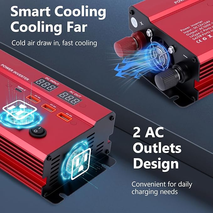 600W Car Power Inverter, 12V/24V Car Plug Adapter Outlet Converter with 1 Type C Port, 3 USB Ports, Dual AC Outlets for Cars Trucks US Plug (Red)