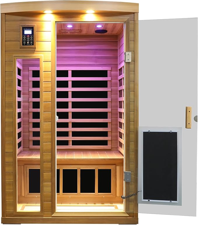 2 Person Infrared Sauna, Red Cedar Wood Low EMF Far Infrared Saunas for Home, 1750watt Indoor Personal Sauna Roombox with Door Heating Panels, 7-Color Lights, Outdoor Lamps, Blue-Tooth