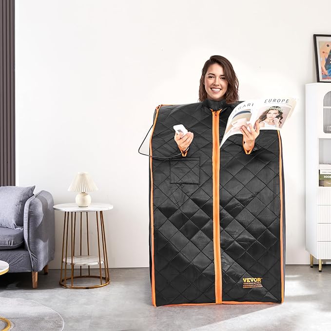 VEVOR Infrared Portable Sauna Tent, 1050W Personal Sauna Kit for Home Spa, Heated Body Therapy, Time & Temperature Remote Control with Chair & Floor Mat & Storage Bag, Black, 2.2’x 2.6’x 3.2’