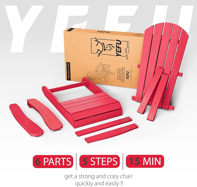 YEFU Adirondack Chairs Set of 6: Plastic Adirondack Chairs - Patio Chairs with Wood Texture - Outdoor Chair HIPS - Lawn Fire Pit Deck Porch Garden Chairs for Adults (Red)