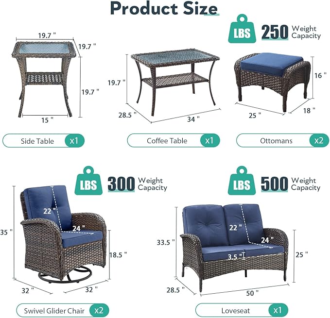 7 Piece Patio Furniture Set - Wicker Patio Conversation Set with Swivel Glider, Loveseat Bench, 2 Ottomans, Glass Side Table and Coffee Table for Deck Backyard - Brown Wicker Blue Cushion