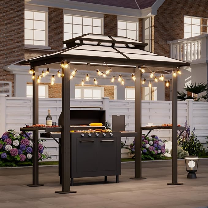 Aoxun Grill Gazebo 8 x 5FT, Outdoor Barbecue Gazebo with Double Polycarbonate Top, Aluminum Grill Canopy with Shelves for Patio, Garden, Lawn