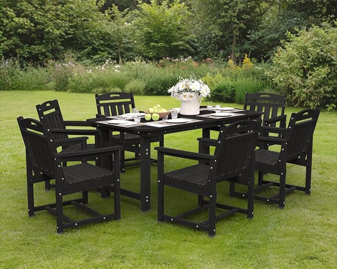 Ciokea HDPE Outdoor Dining Set 7-Piece Patio Table and Chairs with Umbrella Hole, All-Weather Patio Dining Set for 6, Durable Patio Furniture Set for Backyard, Garden, Lawn & Poolside, Black