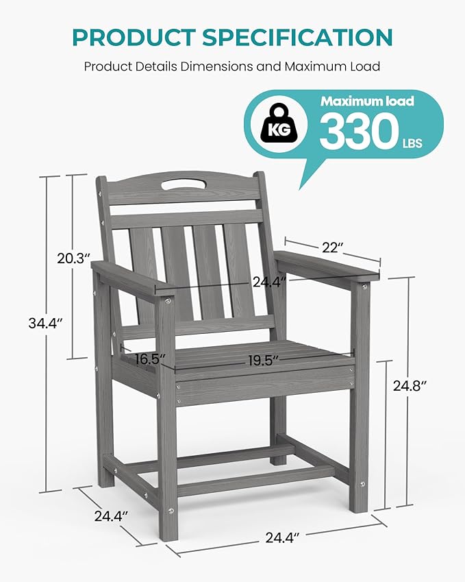 Set of 2 Weatherproof Patio Chairs - HDPE Outdoor Dining Chairs with Wide Seat, Ergonomic Design - for Garden, Backyard, Deck - Grey
