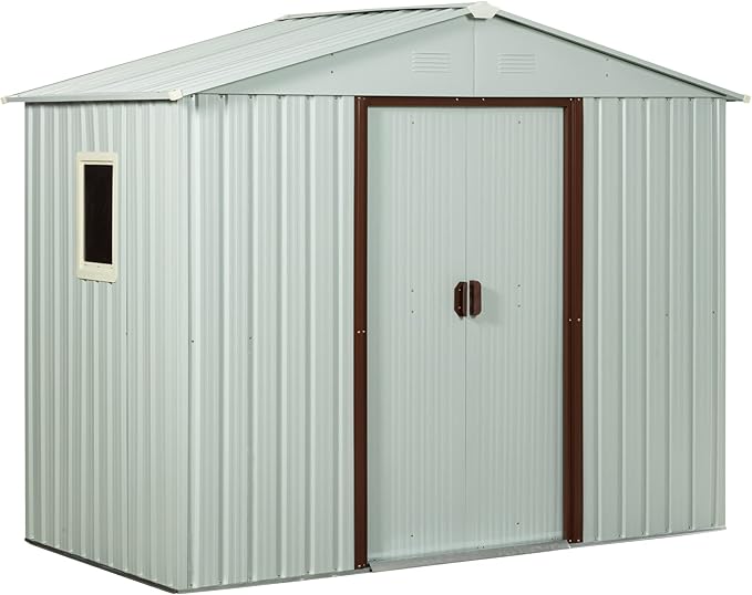 8 x 4 FT Outdoor Storage Shed, Metal Garden Shed with Floor Frame, Tool Shed Outdoor Storage with Lockable Sliding Doors & Window & Air Vents, Storage House Waterproof for Backyard, Lawn, White