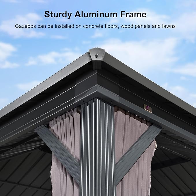 PURPLE LEAF 12' X 12' Permanent Hardtop Gazebo Outdoor Aluminum Gazebo with Galvanized Steel Double Roof for Patio Lawn Garden Aluminum with Netting and Curtains Grey