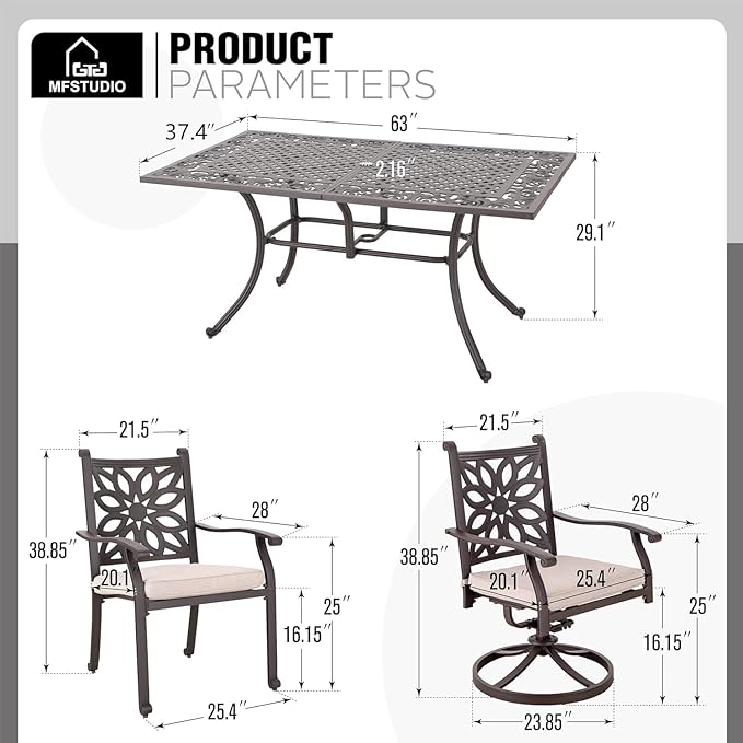 MFSTUDIO 7 Pieces Cast Aluminum Patio Dining Set with 2×Swivel & Rock Chair, 4×Extra Wide Dining Chair and 1×63" Rectangular Dining Table, Outdoor Dining Set for 6, Brown