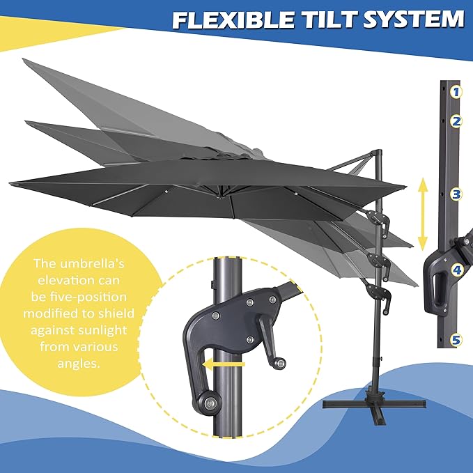Sunnyglade 10x10Ft Cantilever Patio Umbrella Square 360° Rotation & Integrated Tilting System Offset Umbrella with 8 Sturdy Ribs, Fade-resistant & Waterproof for Garden Backyard Poolside Deck