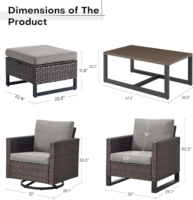 Wicker Furniture Set: 7 Piece Outdoor Furniture Set with 2 Swivel Chairs, 2 Single Chairs, Coffee Table and 2 Ottomans - Brown / Grey