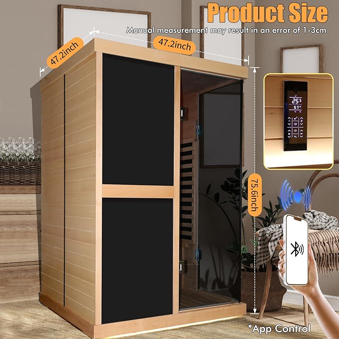 2 Person Sauna Infrared Saunas APP Control 7 Color Light 1980W Wooden Home Spa Room Canadian Hemlock Wood Low-EMF Indoor Saunas 47.2 * 47.2 * 75.6inch
