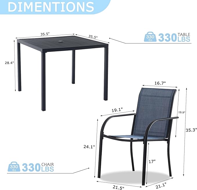 5 Pieces Round Dining Table Set for 4, Patio Dining Set Includes 4 Dark Blue Stackable Patio Chairs and 1 Black Square Table, Patio Furniture Sets with Sling Support for Outside, Garden