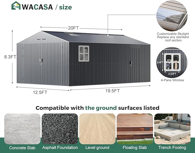 Metal Garage Shed, 13x20x8.5' Large Outdoor Storage Building and Workshop, Weatherproof Steel Carport with Ultra-Reinforced Truss System, Skylights & Dual-Entry