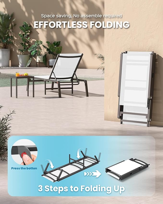 Foldable Pool Lounge Chairs, Aluminum Chaise Lounge Outdoor with 5 Positions Recliner - Free Assembly - Patio Lounge Chair for Poolside, Beach (White)