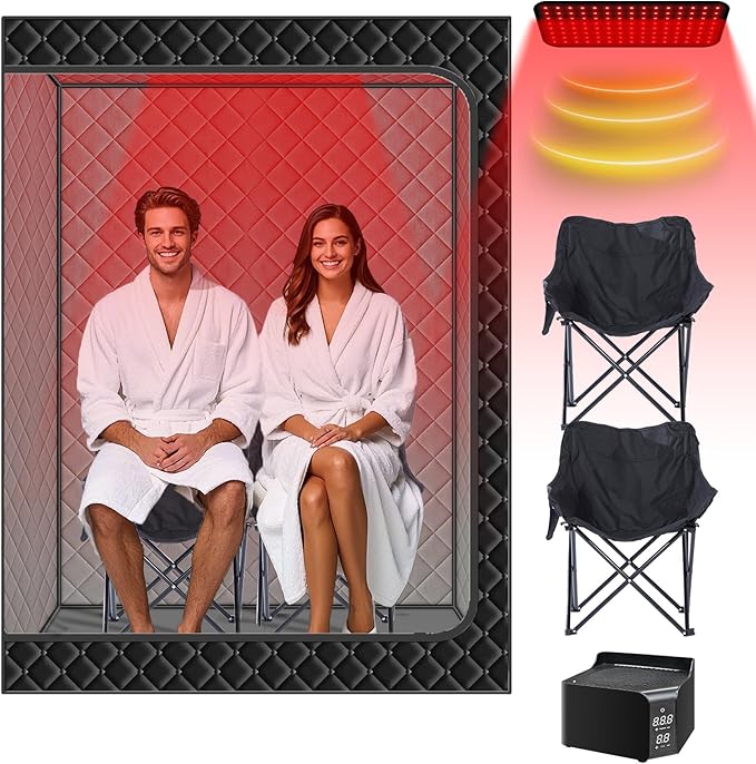 Smartmak 2 Person Portable Sauna Box with Infrared 660nm Red Light Therapy Lamp for Home Relaxation, Large Full Body Sauna Tent, 185°F1500W High Power Hot Air Heating Saunas Spa Pod, 2 Folding Chairs