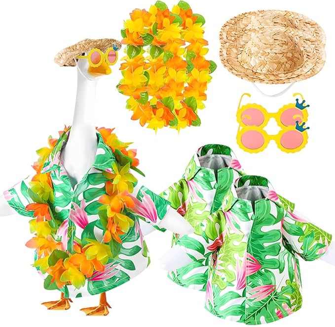 Hawaiian Porch Goose Outfits,2025 New Yard Goose Clothes Hawaiian Wreath with Straw Hat Glasses,4 Pcs/Set Summer Lawn Goose Costume,for 23" Statue Patio Garden Decoration