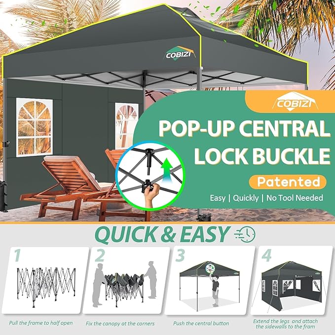 COBIZI 10x10 Pop up Canopy Tent with Sidewalls One Person Setup, Easy Outdoor Commercial Event Gazebo Shelter Enclosed Waterproof with Air Vent, 4 Sandbags for Garden,Party,Grey