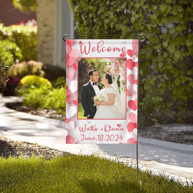 Custom Wedding Garden Flag Personalized Garden Flags Add Photo Name Date Decoration Banner For Ceremony Party Bridal Shower Memorial Anniversary (Custom Wedding Flags 1, 12x18(in))