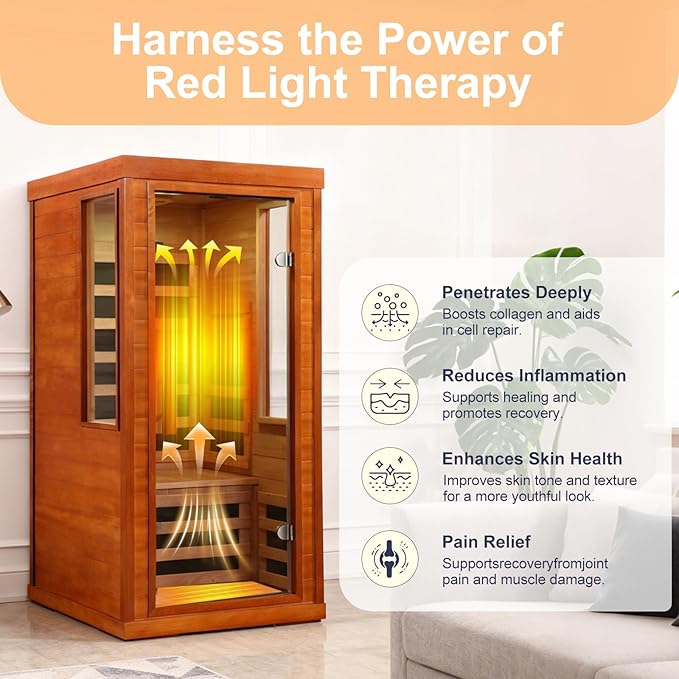 Far Infrared Sauna 1170W 110V, Low EMF Infrared Sauna with Red Light Therapy, Carbon Fiber Infrared Saunas 1 Person W/Bluetooth Speakers/Control Panel for Basement/Home Gym/Bathroom